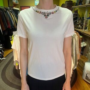 White Short Sleeve Tee with Embellished Neckline